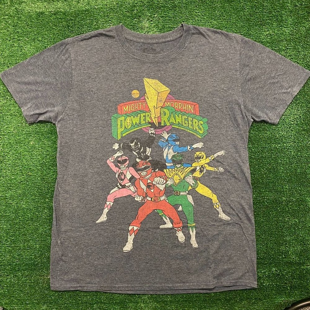 Mighty Morphin Power Rangers T-Shirt Gray L Retro Cartoon Kidcore 2000s Y2K